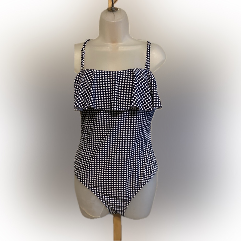 NWOT Kona Sol - Navy/white polka dot one piece bathing suit with ruffles Size: M